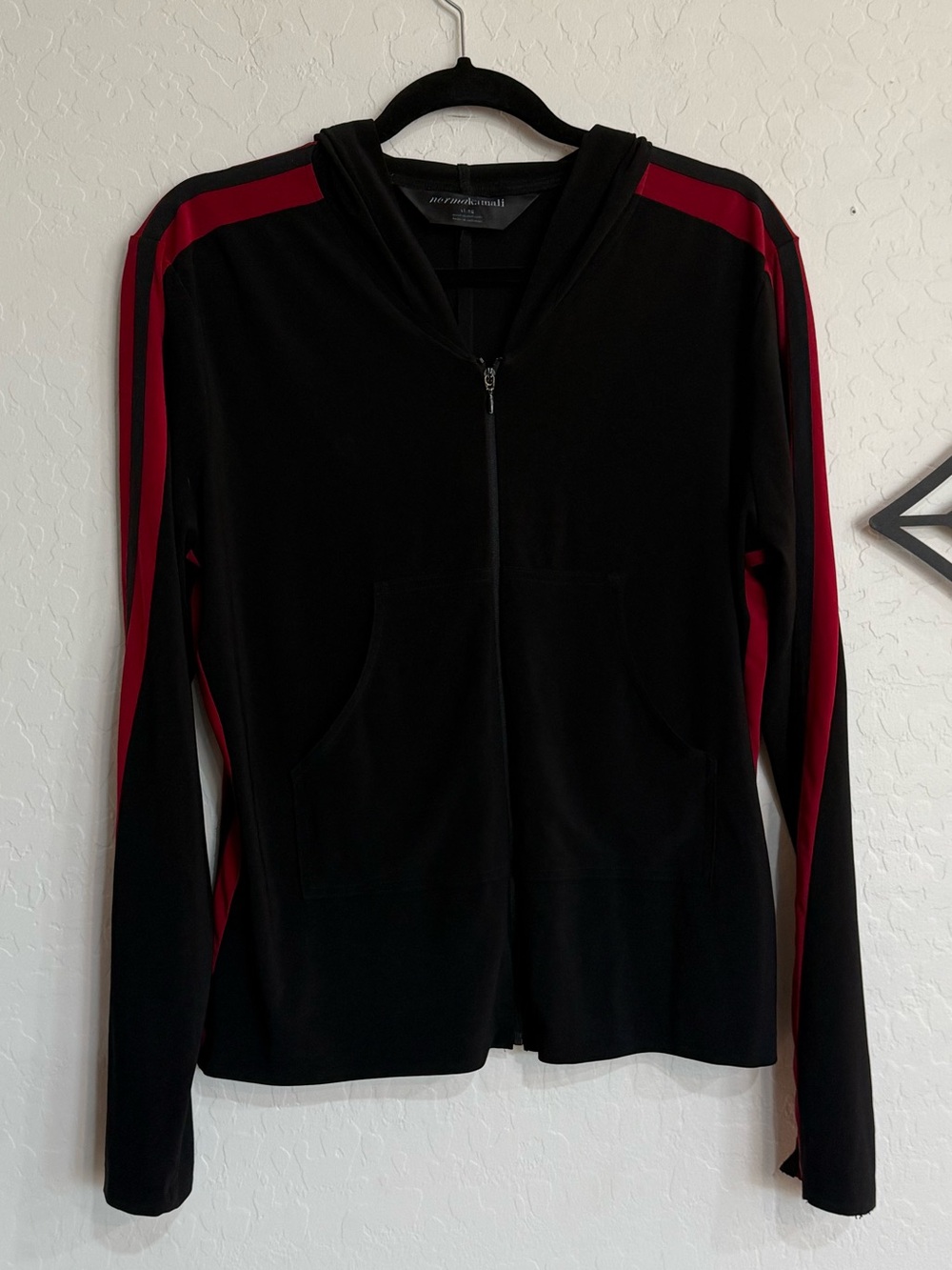 NORMA KAMALI Side Stripe Zip Up Hoodie Track Jacket Black Red XL EUC